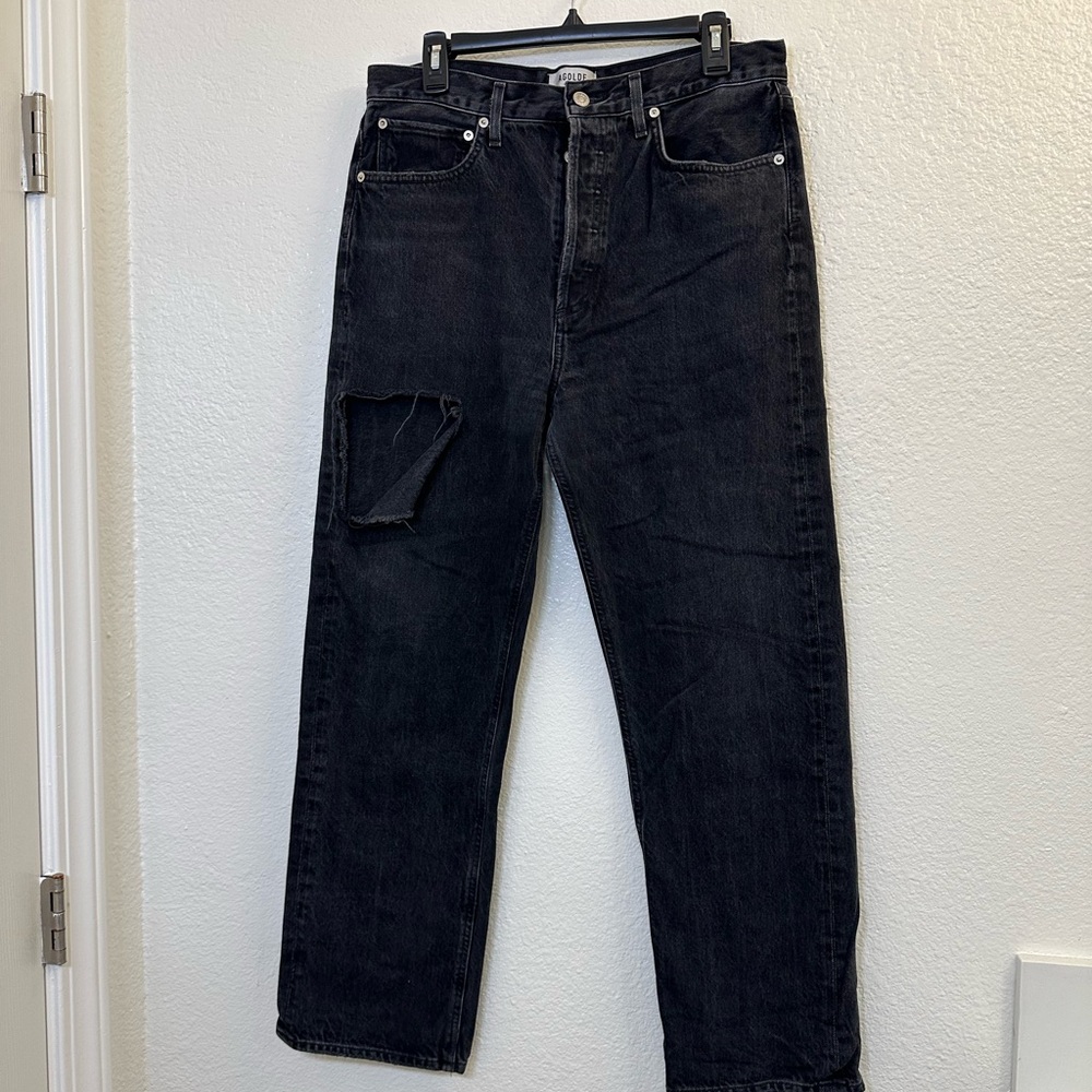 WOMENS AGOLDE BLACK DISTRESSED FADED STRAIGHT LEG JEANS (29)